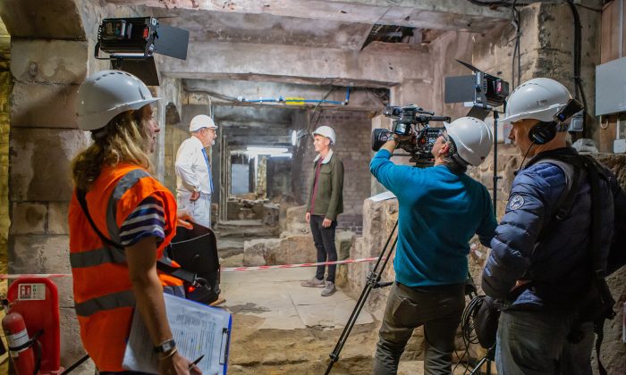 Behind the scenes at the Roman Baths, filming a video for the British Council