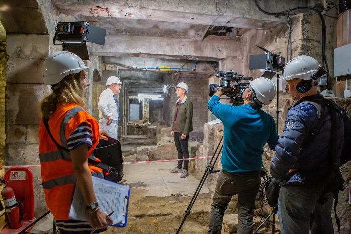 Behind the scenes at the Roman Baths, filming a video for the British Council